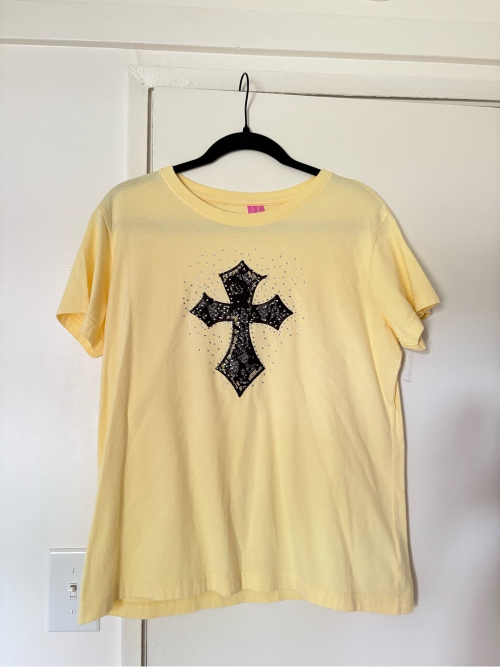 Southern Gothic Yellow Tee with Black Cross Rhinestone Detail